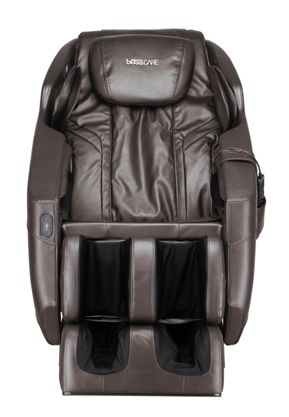 Massage chair SL Track full body recliner in brown leather with BOSSCare logo on headrest on Tampa Home & Garden Store