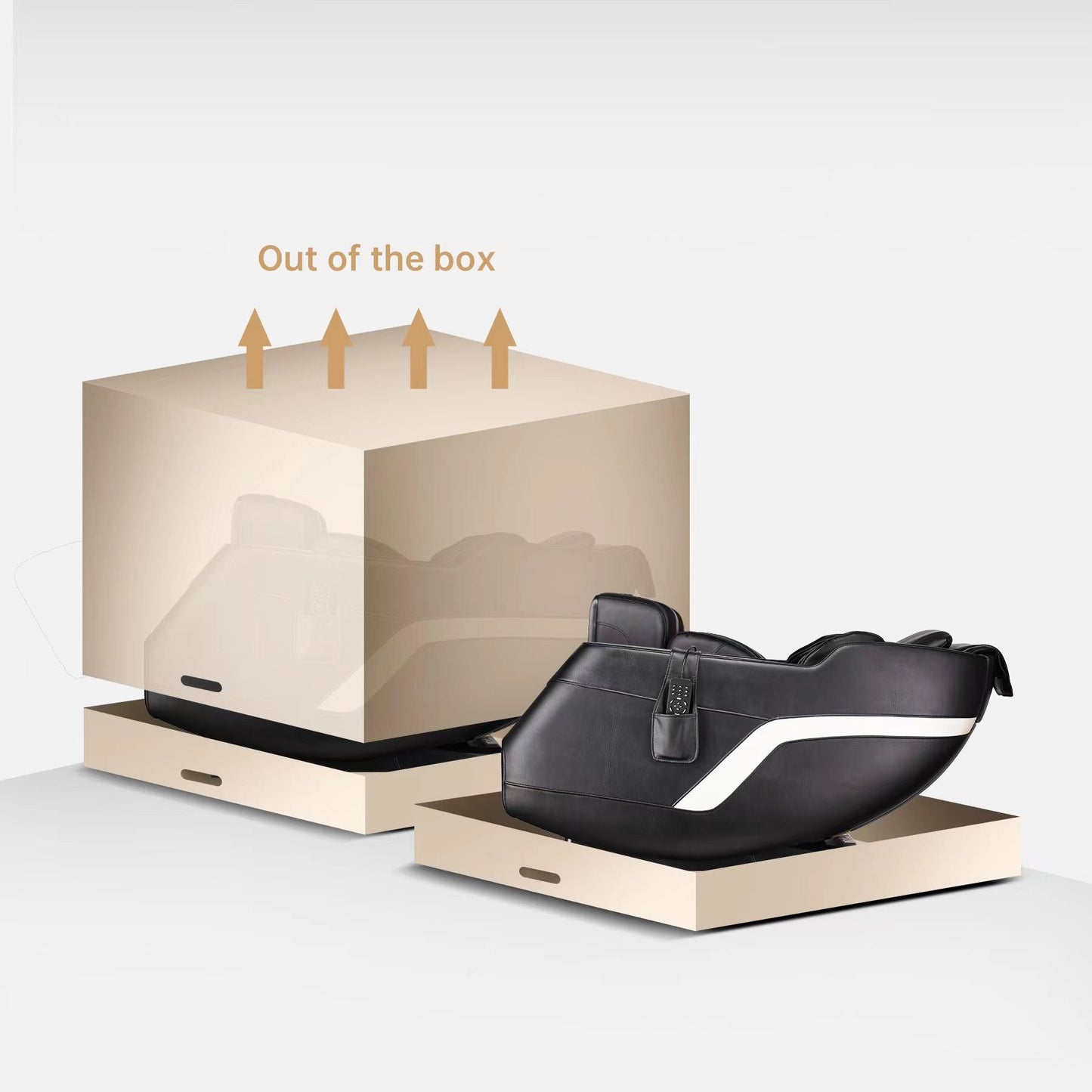HouseOfZazla SL Track full-body massage recliner in black leather emerging from a box on Tampa Home & Garden Store