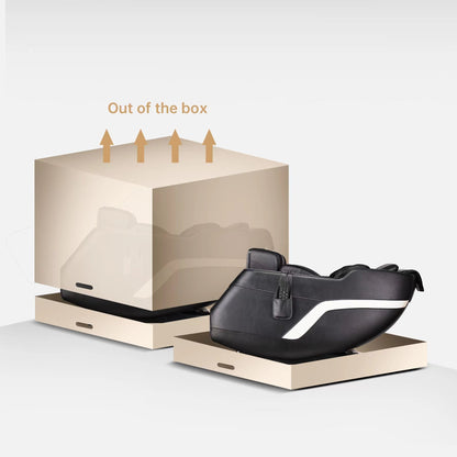 HouseOfZazla SL Track full-body massage recliner in black leather emerging from a box on Tampa Home & Garden Store