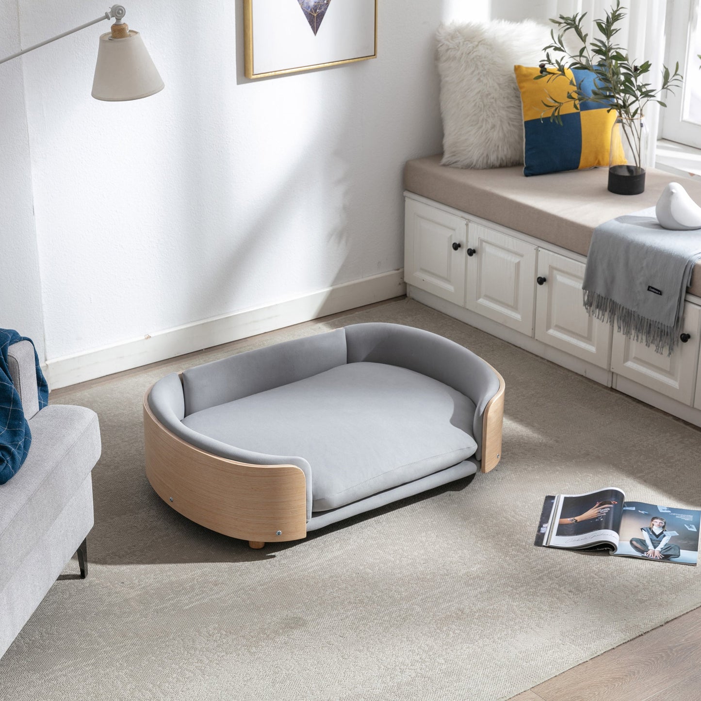 Scandinavian Elevated Dog Bed with gray velvet cushion and solid wood legs by HouseOfZazla on Tampa Home & Garden Store