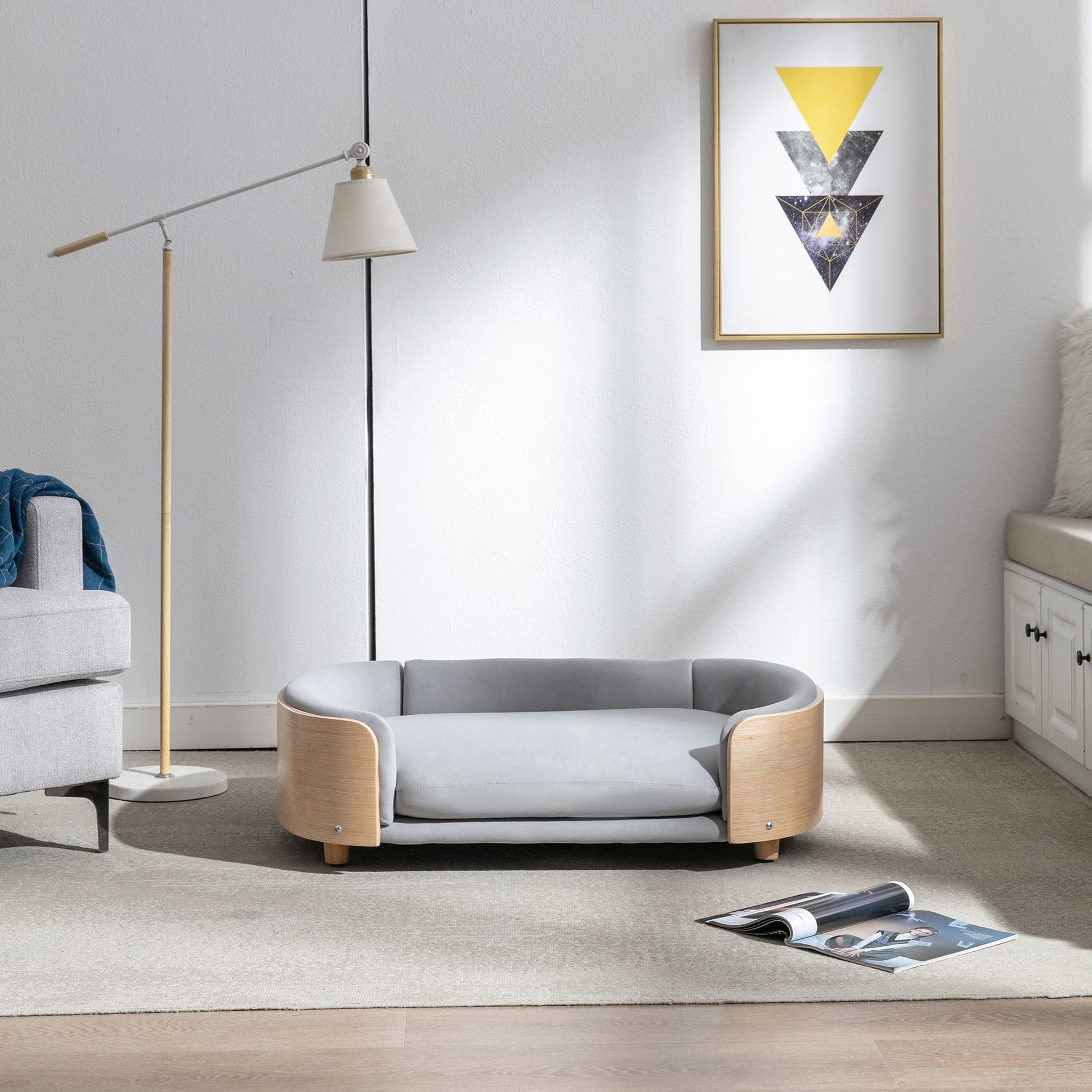 Scandinavian elevated dog bed with solid wood legs and grey velvet cushion by HouseOfZazla on Tampa Home & Garden Store