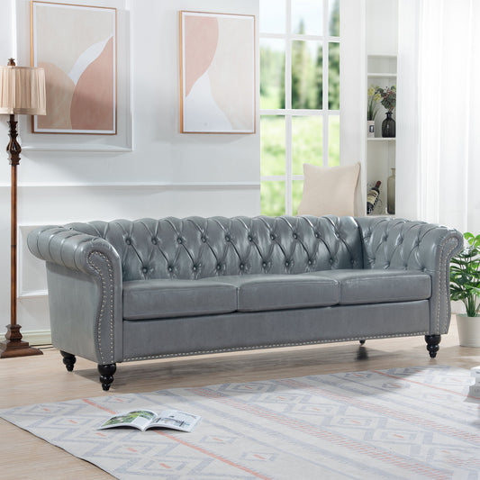 Rolled Arm Chesterfield 3 Seater Sofa in gray-blue leather with tufted back on Tampa Home & Garden Store