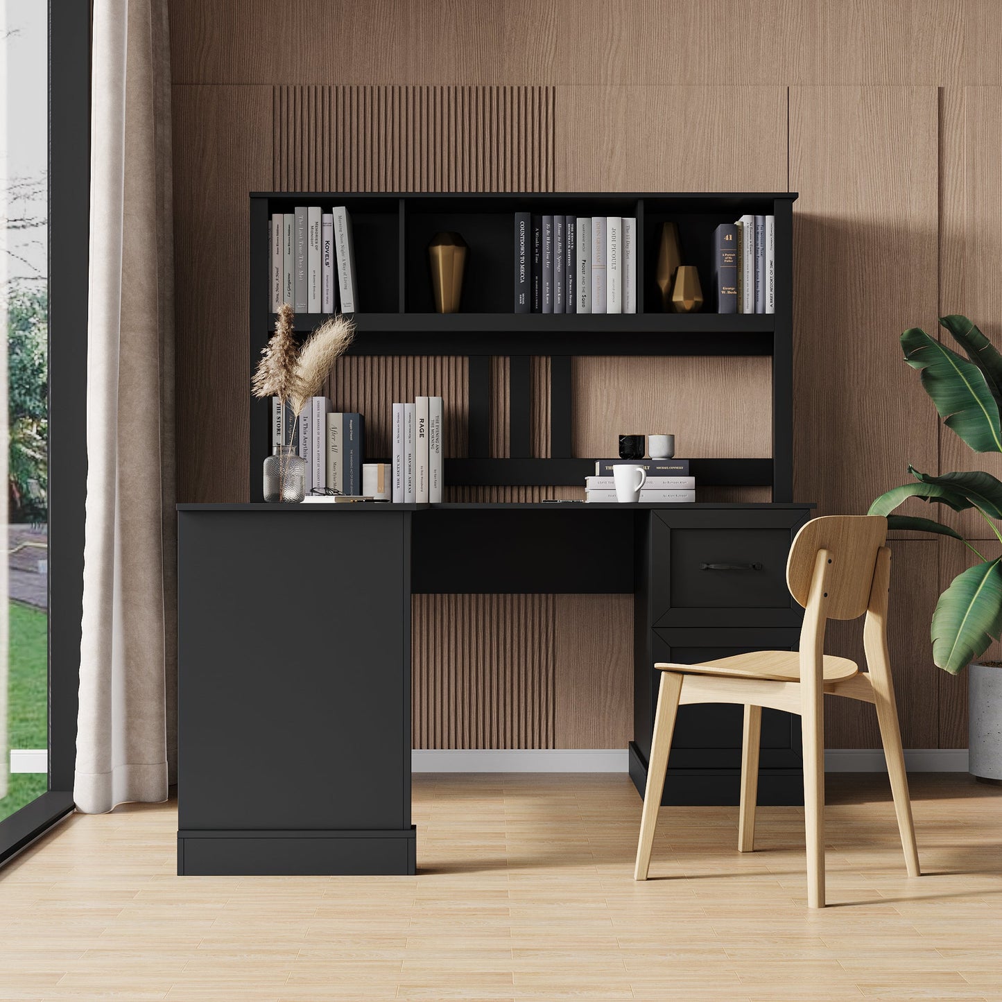 Home Office Computer Desk with Hutch antiqued black finish with open cubbies and two wooden stools nearby on Tampa Home & Garden Store