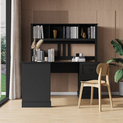 Home Office Computer Desk with Hutch antiqued black finish with open cubbies and two wooden stools nearby on Tampa Home & Garden Store