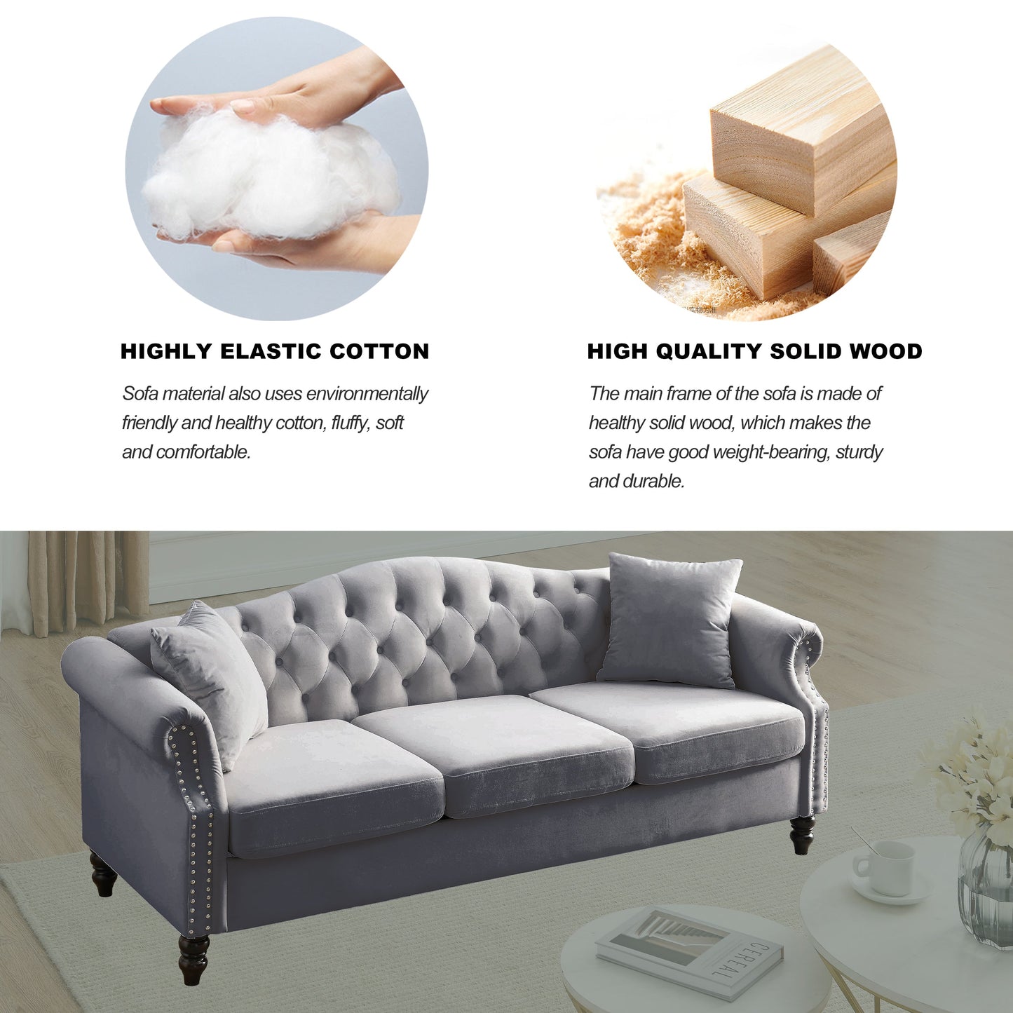 Solid 79 Inch Chesterfield Sofa And Two Pillows