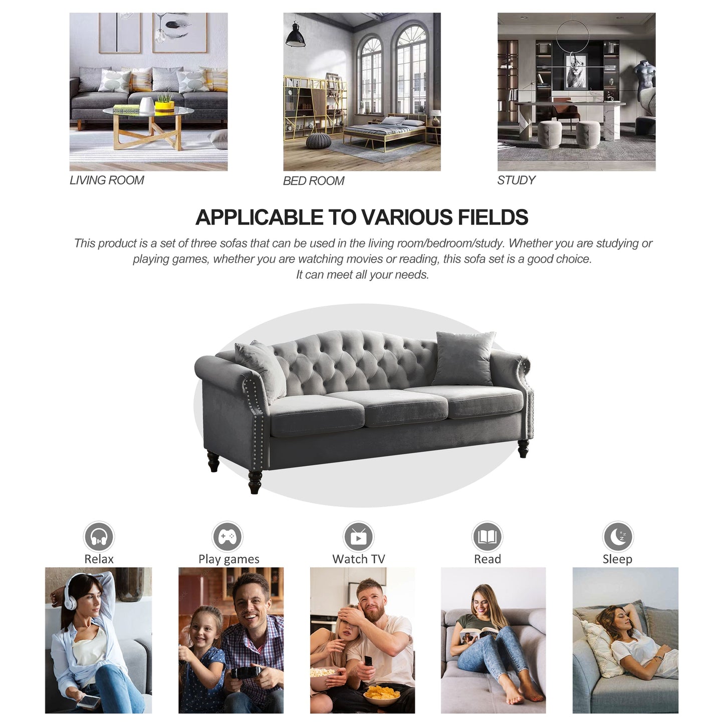 Solid 79 Inch Chesterfield Sofa And Two Pillows