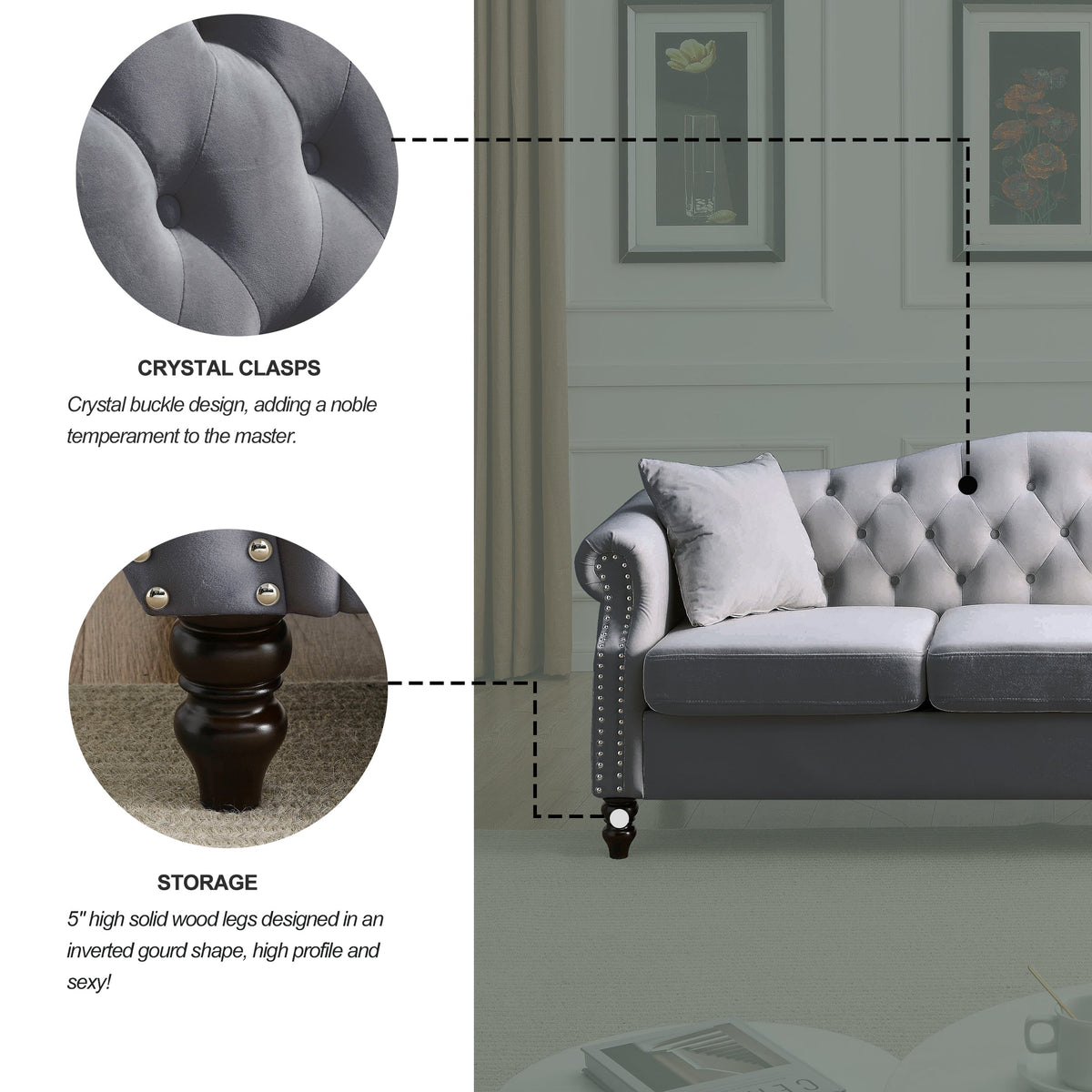Solid 79 Inch Chesterfield Sofa And Two Pillows