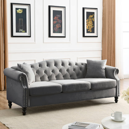 Solid 79 Inch Chesterfield Sofa And Two Pillows