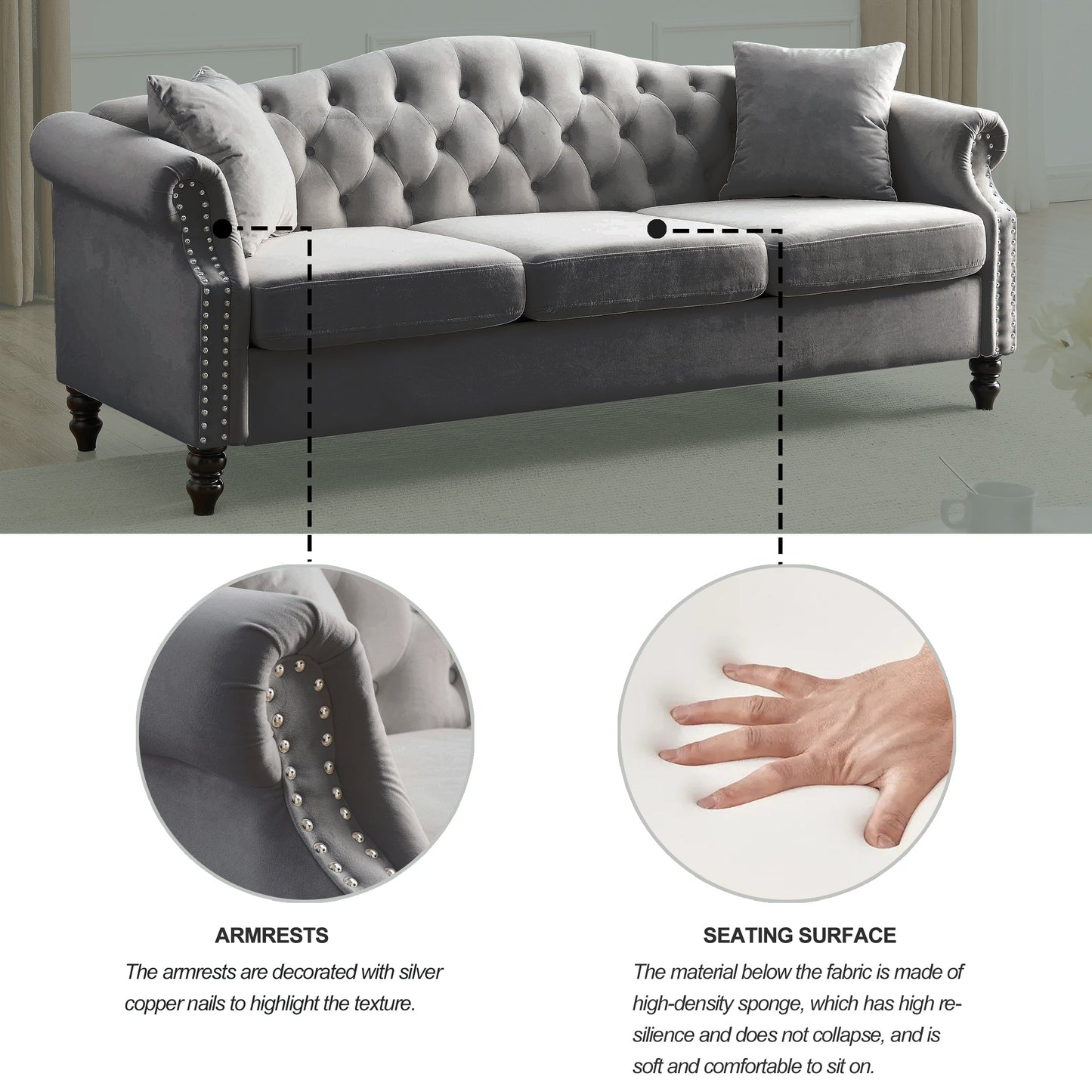 Solid 79 Inch Chesterfield Sofa And Two Pillows