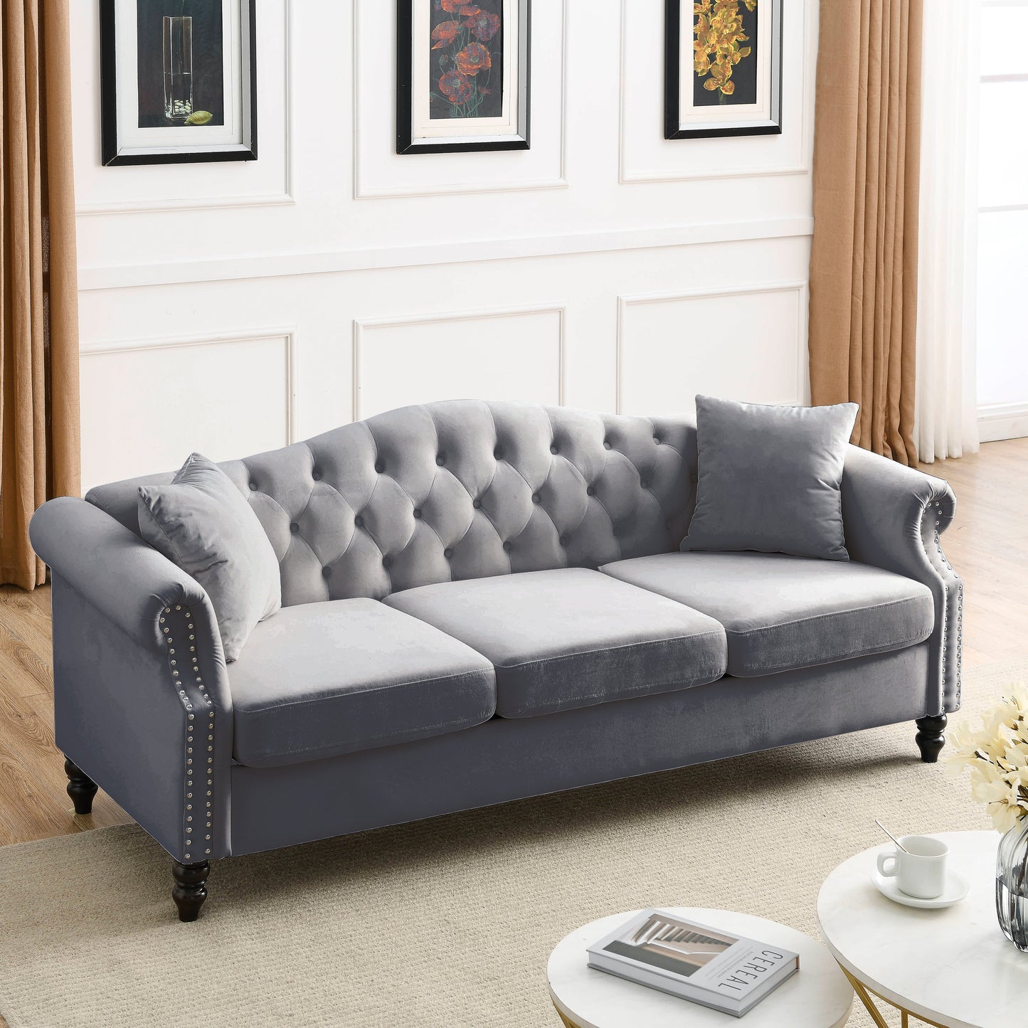 Solid 79 Inch Chesterfield Sofa And Two Pillows