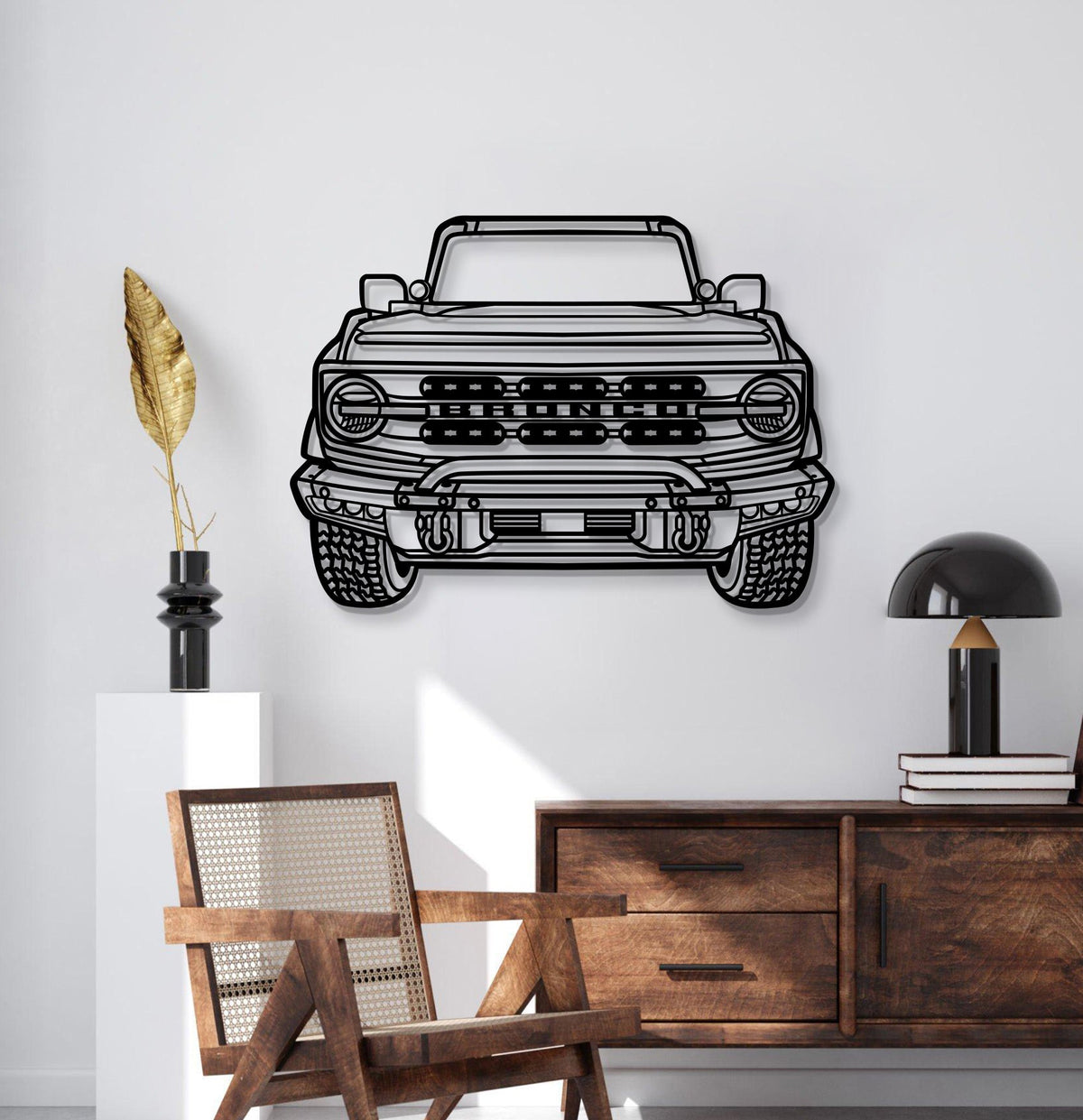 2022 Bronco Front View Metal Car Wall Art by Modello Turbo, black line-art silhouette on Tampa Home & Garden Store