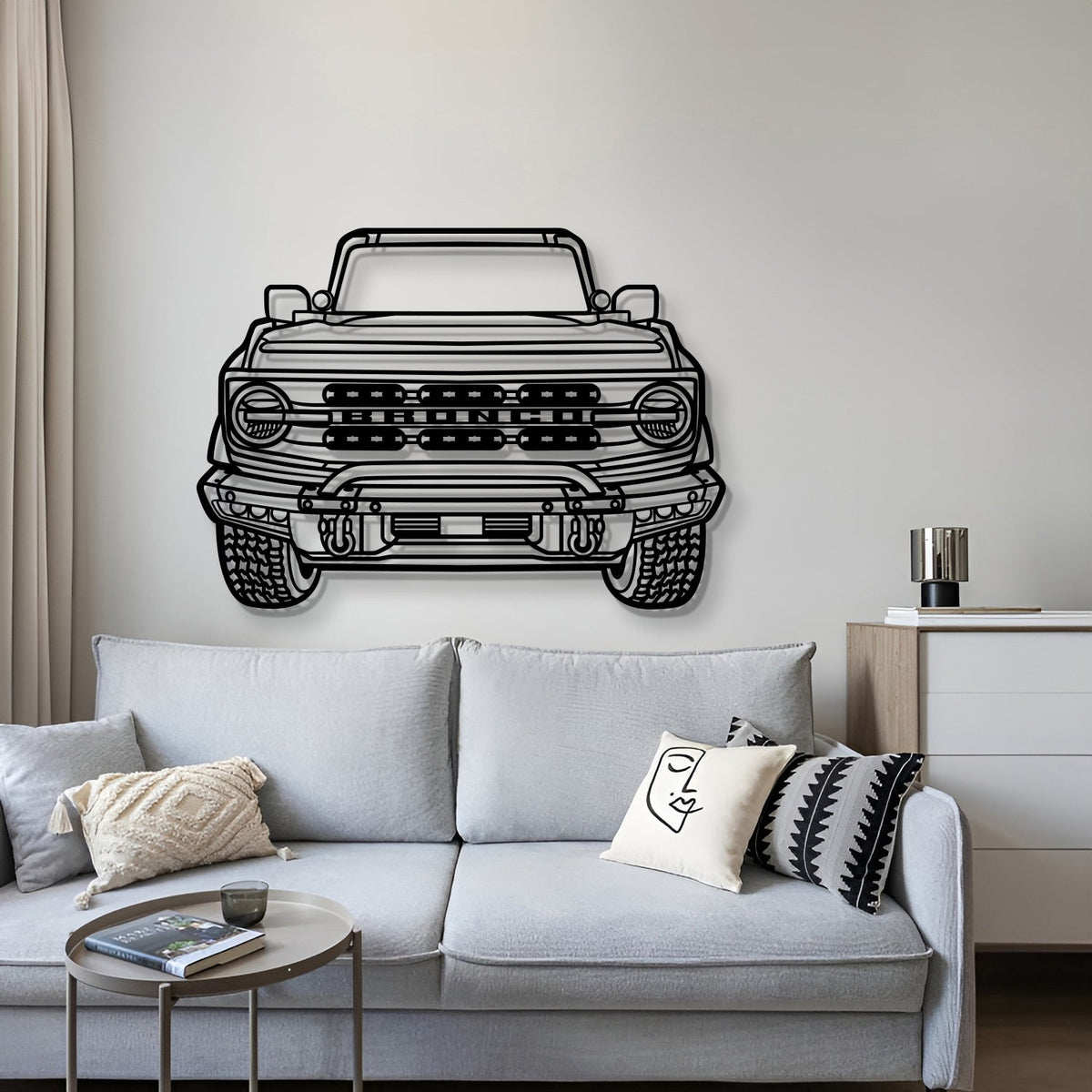 2022 Bronco Front View Metal Car Wall Art by Modello Turbo, black metal line art on Tampa Home & Garden Store