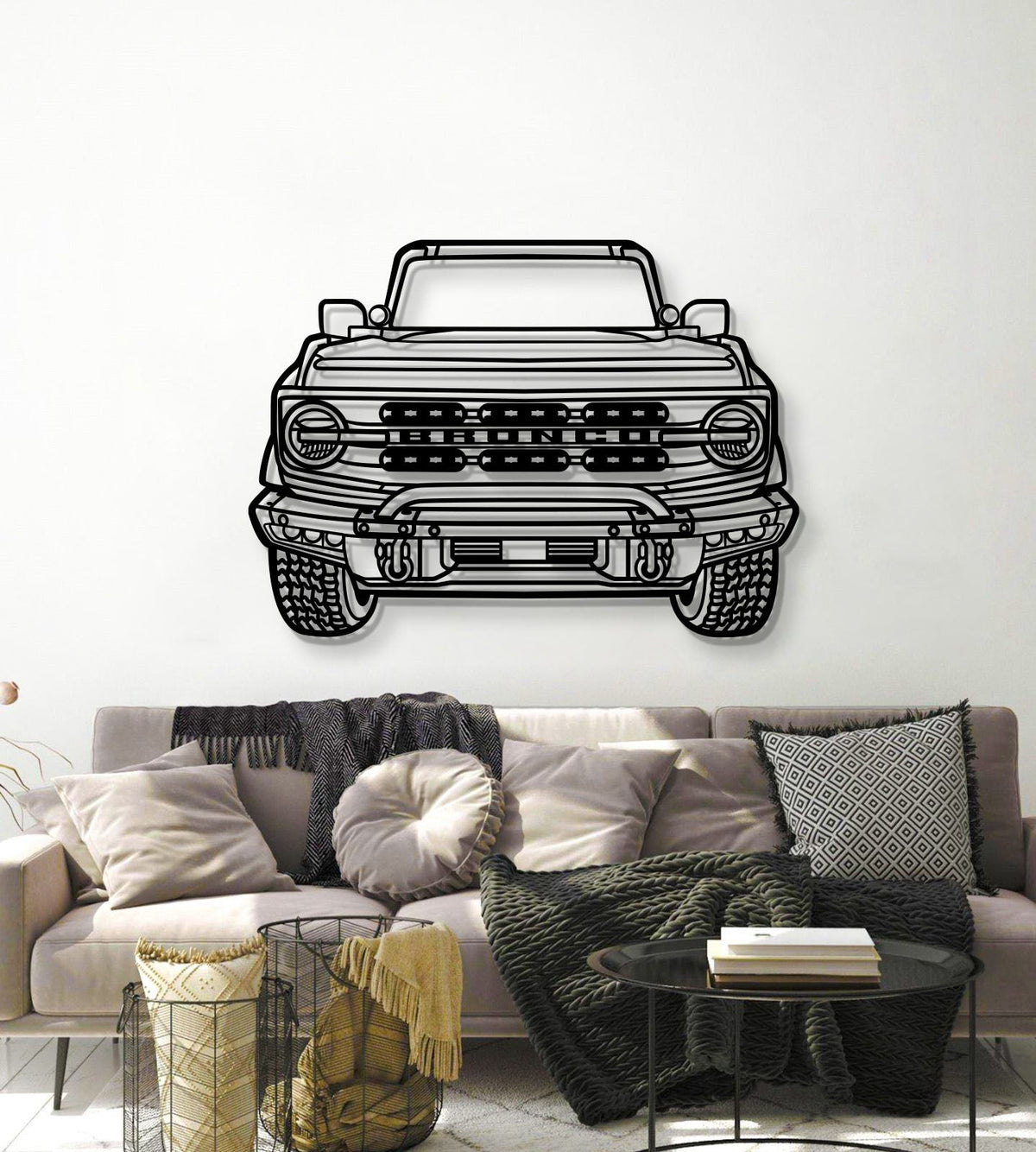 Metal wall art depicting a 2022 Bronco front view in black line art by Modello Turbo MT1352 on Tampa Home & Garden Store