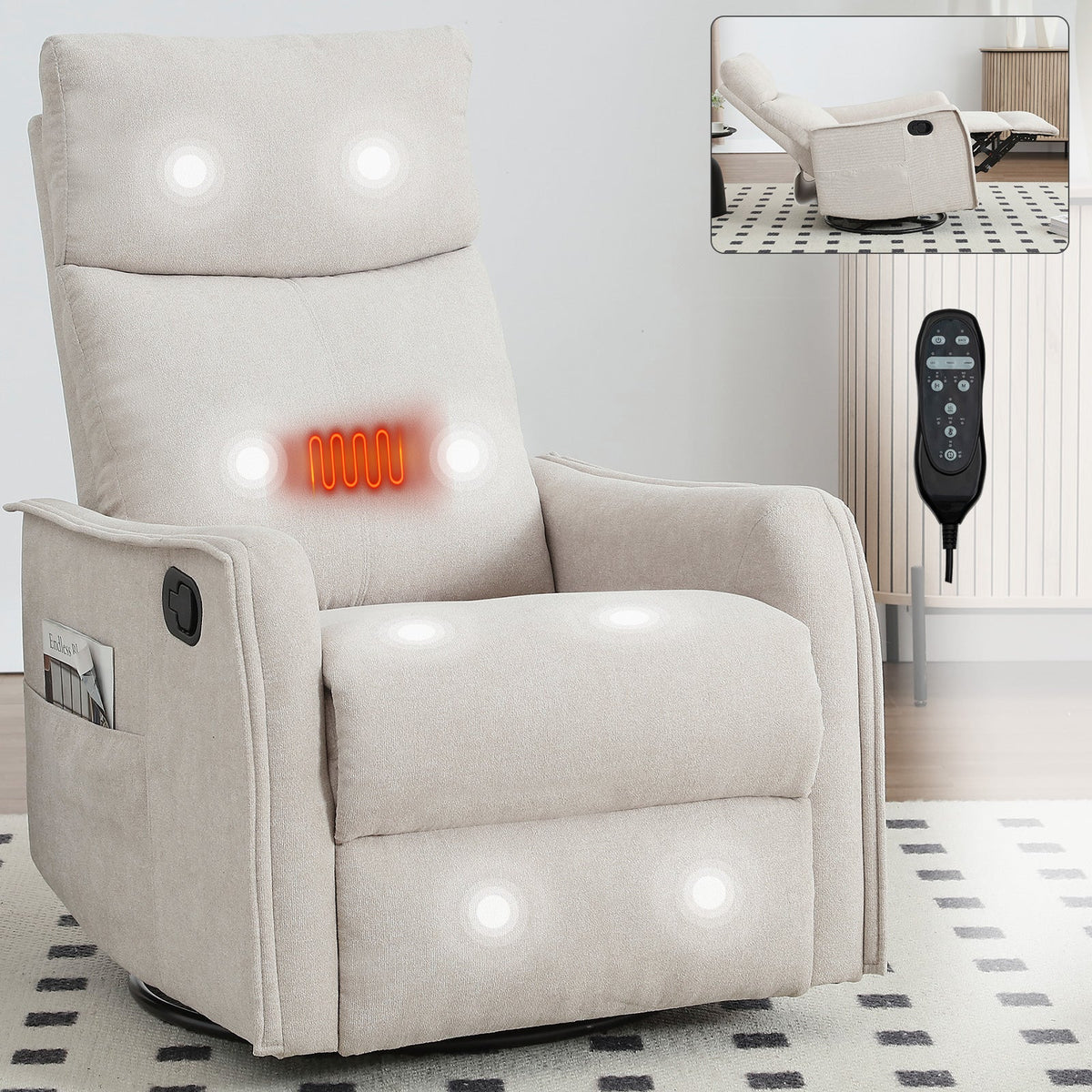 HouseOfZazla beige heat massage recliner chair with heated coils, remote, rocker and swivel on Tampa Home & Garden Store