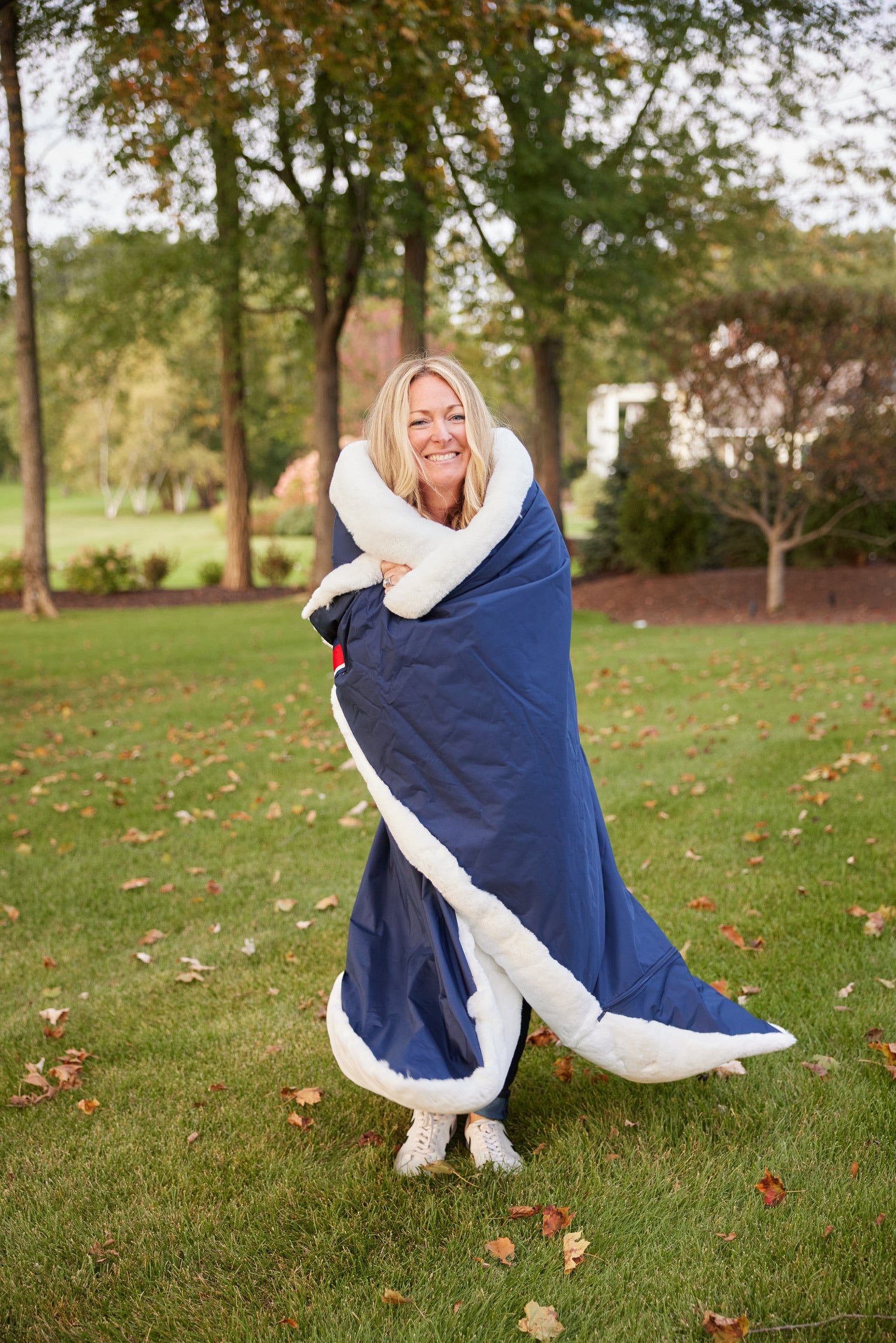 Villanova Large White Outdoor Blanket by Pretty Rugged navy blue with white faux fur trim on Tampa Home & Garden Store