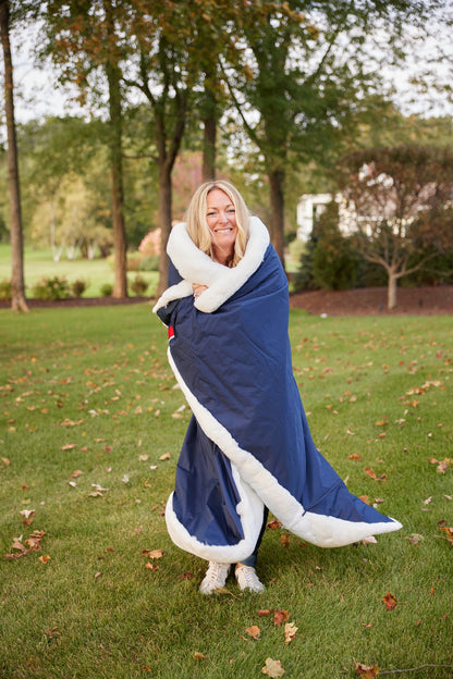 Villanova Large White Outdoor Blanket by Pretty Rugged navy blue with white faux fur trim on Tampa Home & Garden Store