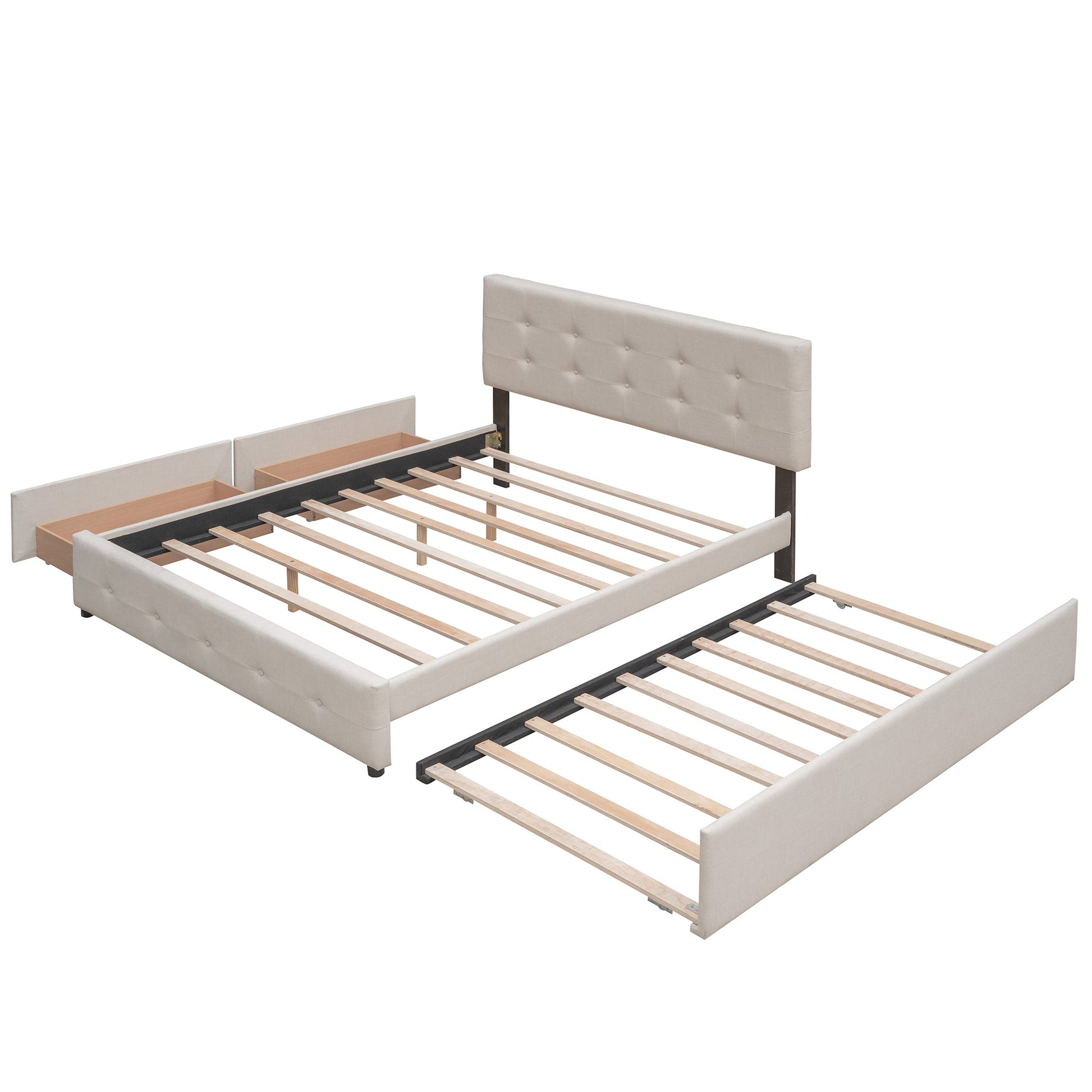 Upholstered platform bed with beige headboard, 2 drawers, Twin XL trundle on Tampa Home & Garden Store