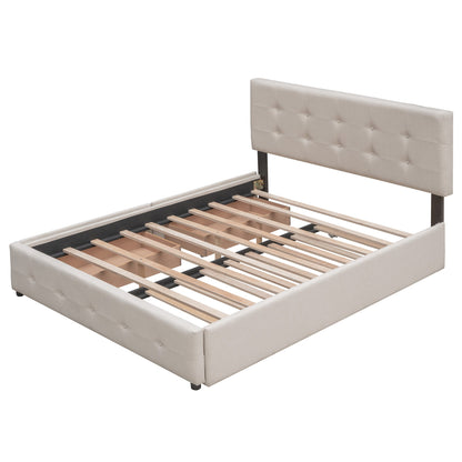 Upholstered platform bed with tufted beige headboard and slat foundation by HouseOfZazla on Tampa Home & Garden Store