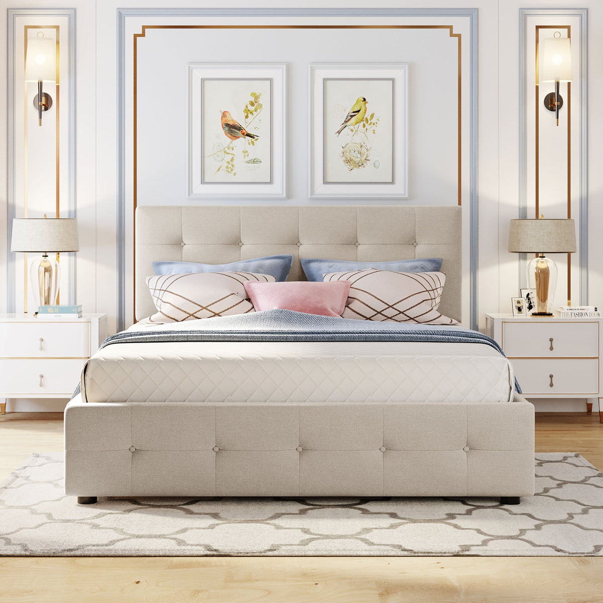 Upholstered platform bed with 2 drawers and twin XL trundle in beige by HouseOfZazla on Tampa Home & Garden Store