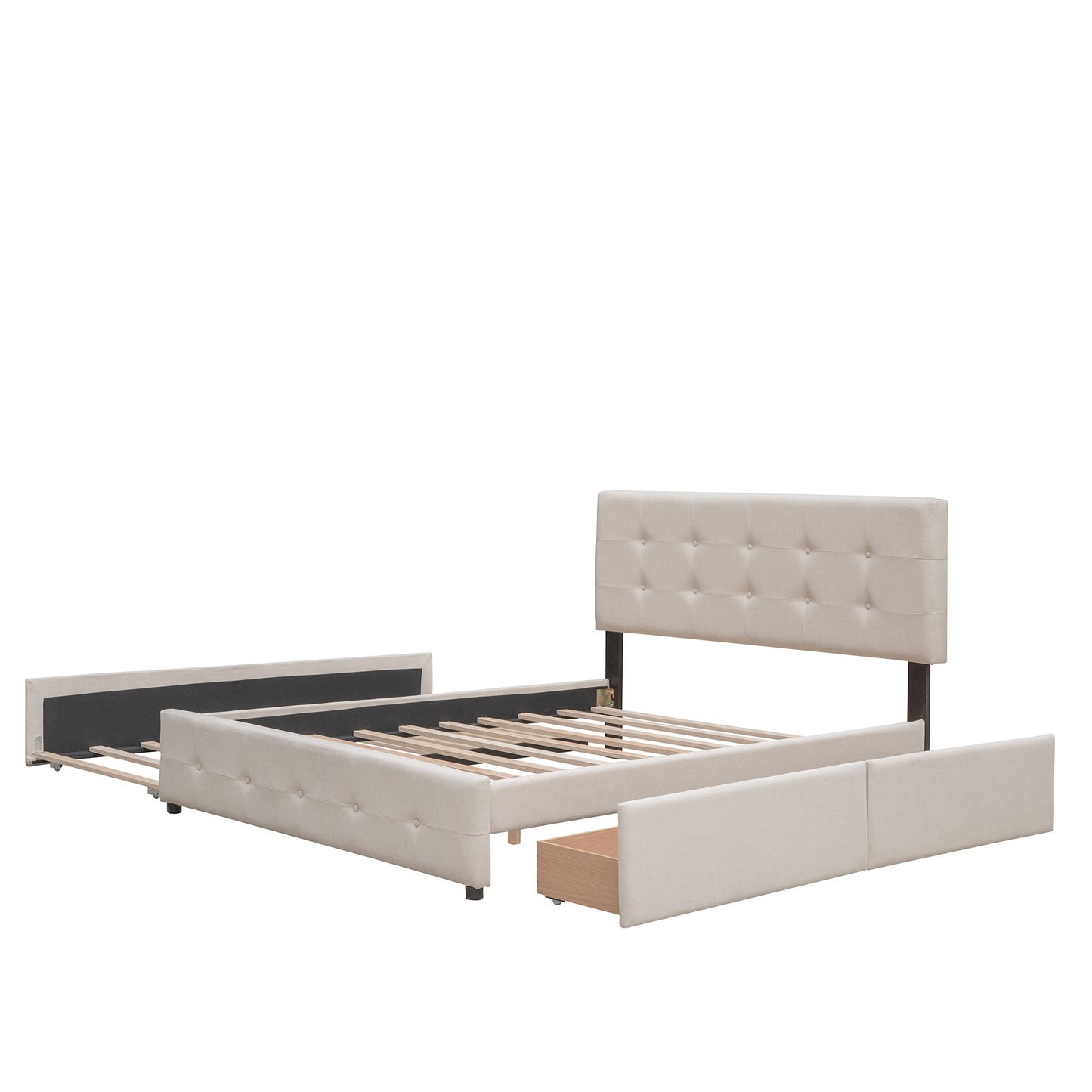 Beige tufted upholstered platform bed with 2 drawers and a twin XL trundle, disassembled on Tampa Home & Garden Store
