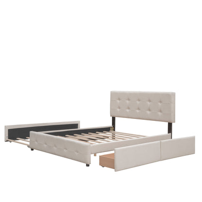 Beige tufted upholstered platform bed with 2 drawers and a twin XL trundle, disassembled on Tampa Home & Garden Store