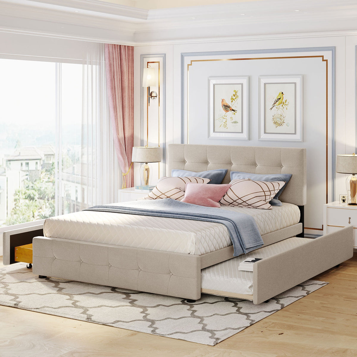Upholstered platform bed with 2 drawers and Twin XL trundle in gray fabric HouseOfZazla on Tampa Home & Garden Store