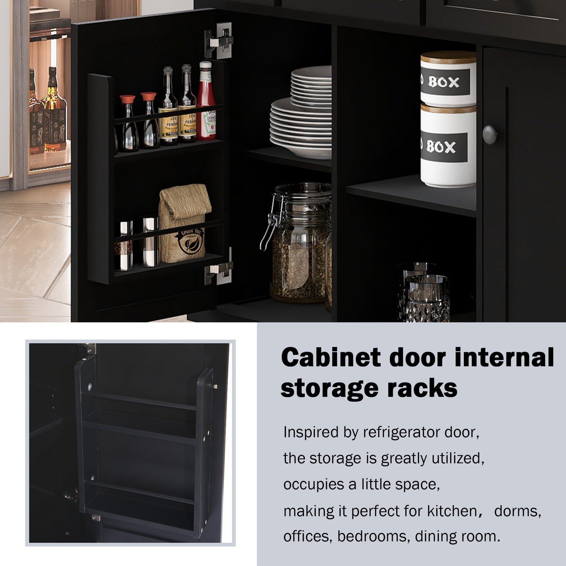 Rubber wood drop-leaf kitchen cart with storage, black interior with spice rack and plates on Tampa Home & Garden Store
