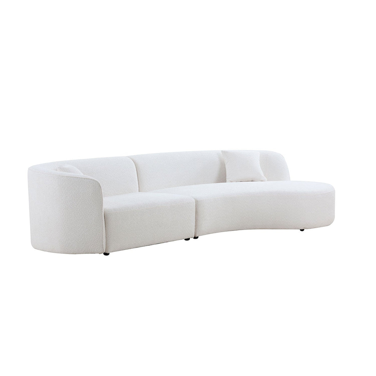Curved white boucle sofa set with low back and rounded arms, includes a small throw pillow on Tampa Home & Garden Store