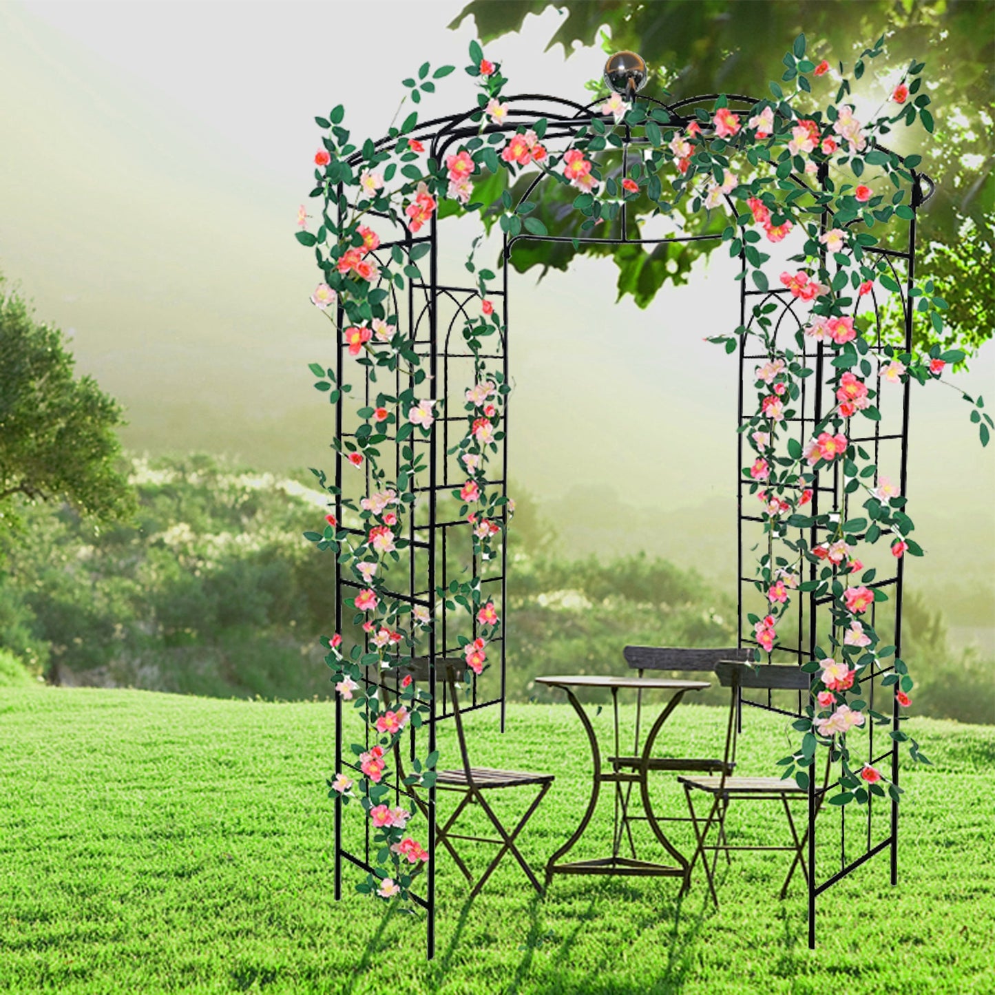 Metal garden arch with climbing pink flowers and green leaves, iron trellis by HouseOfZazla on Tampa Home & Garden Store