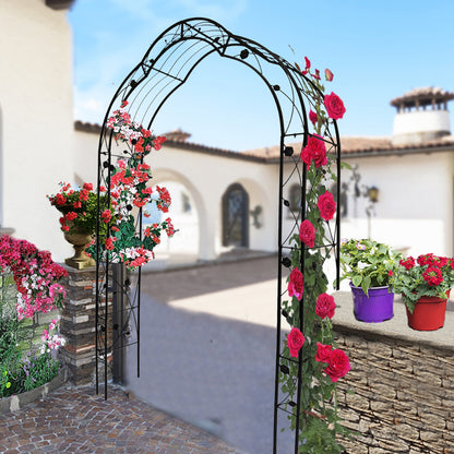 Pair of metal garden arches with black finish wrapped in pink roses and vines, 8 style options on Tampa Home & Garden Store