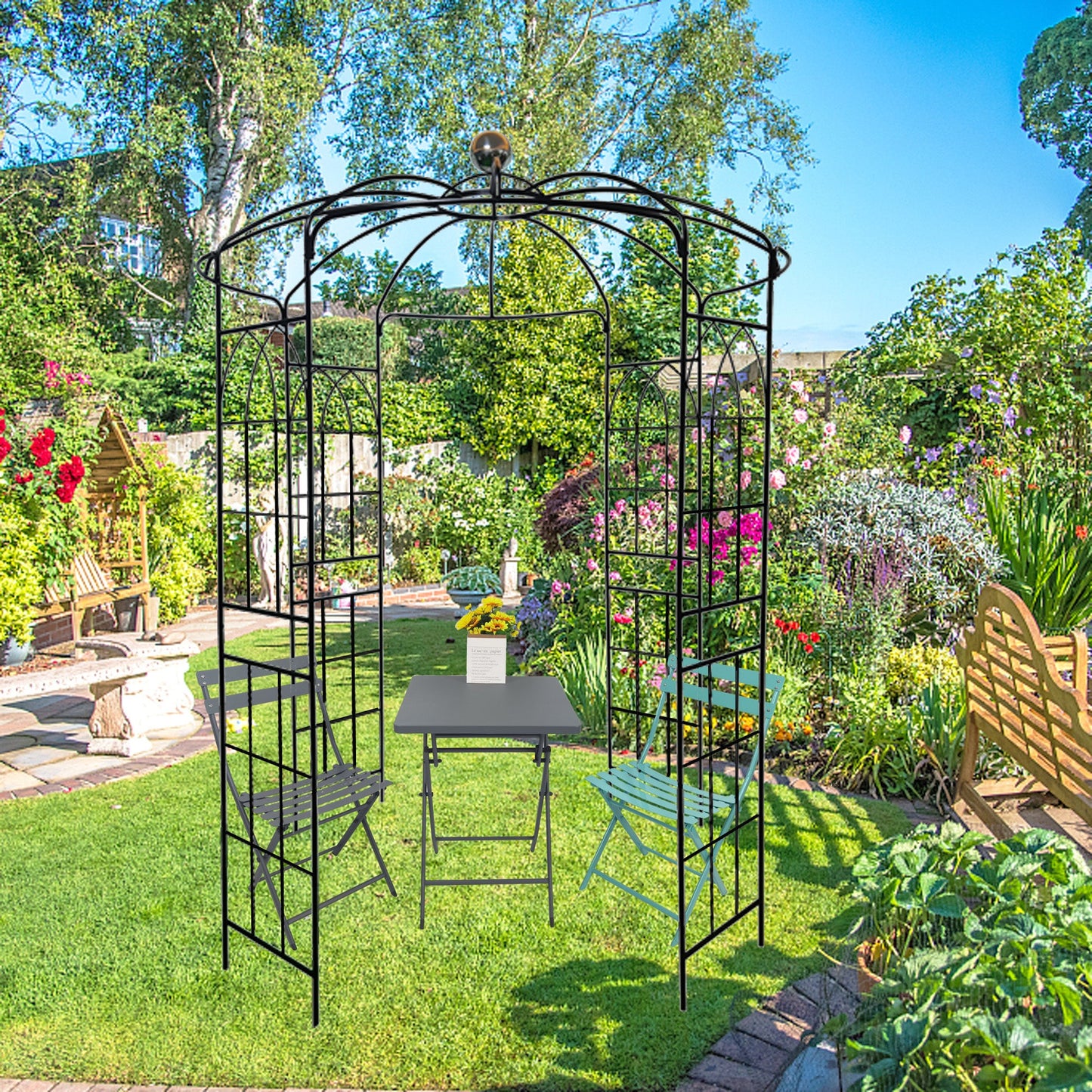 Metal garden arch & trellis in black iron by HouseOfZazla with curved top arches in a garden on Tampa Home & Garden Store