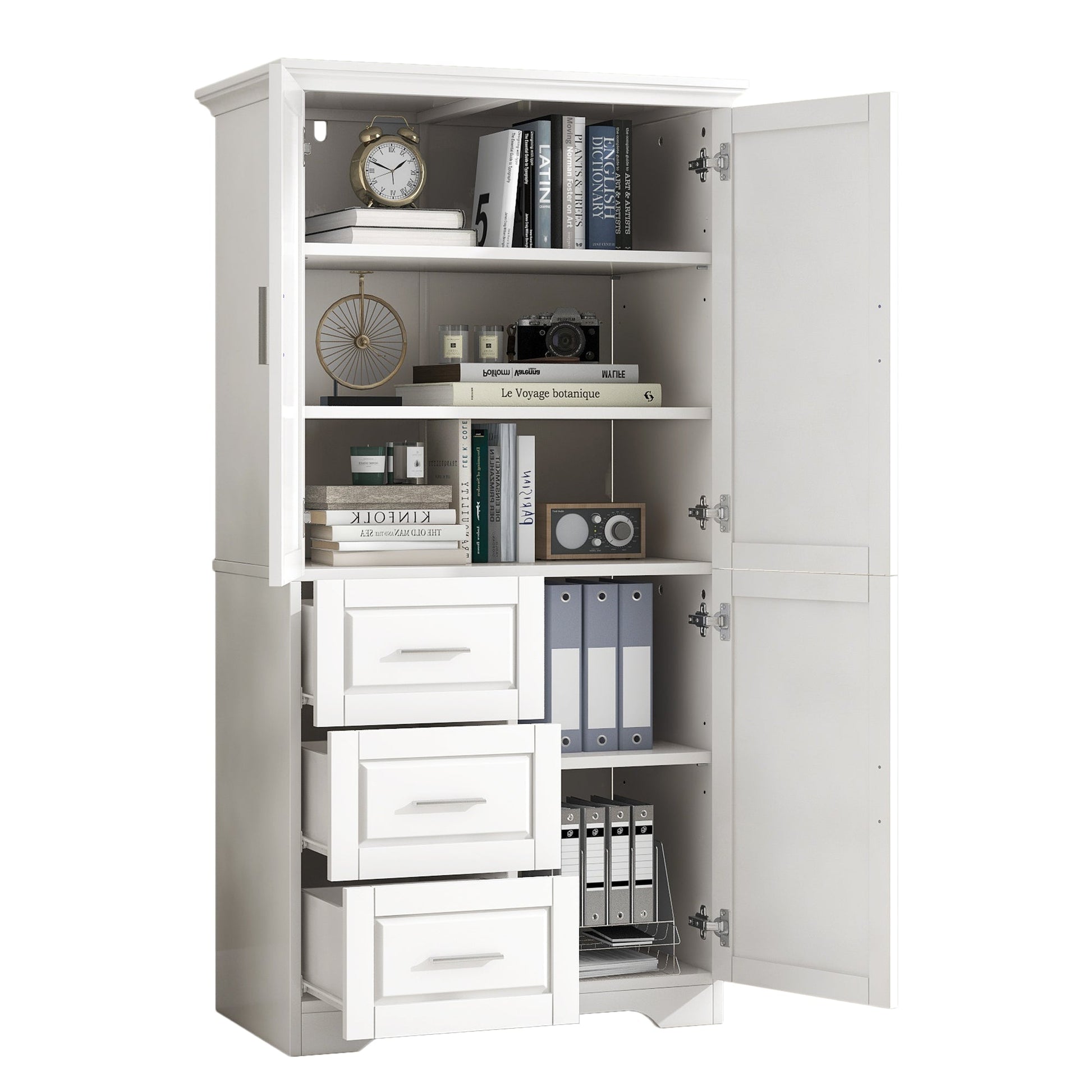 Tall white storage cabinet with doors and open shelves filled with books and decor on Tampa Home & Garden Store