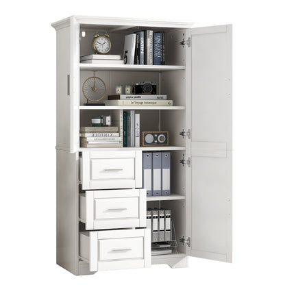 Tall white storage cabinet with doors and open shelves filled with books and decor on Tampa Home & Garden Store