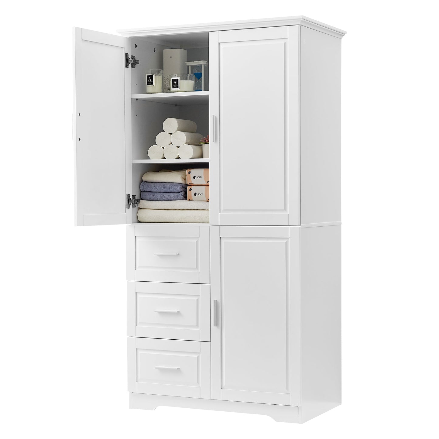 Tall white bathroom storage cabinet with doors; shelves hold towels and toiletries on Tampa Home & Garden Store