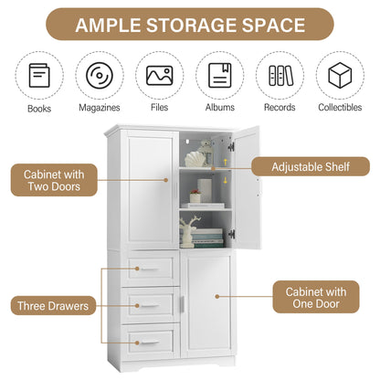 Tall white storage cabinet with doors and 3 drawers by HouseOfZazla for bathroom storage on Tampa Home & Garden Store