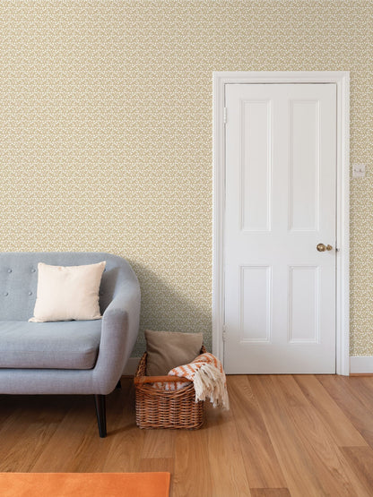 Genevieve Wallpaper (Linen) repeat pattern wallpaper in beige with white leaf motif on Tampa Home & Garden Store