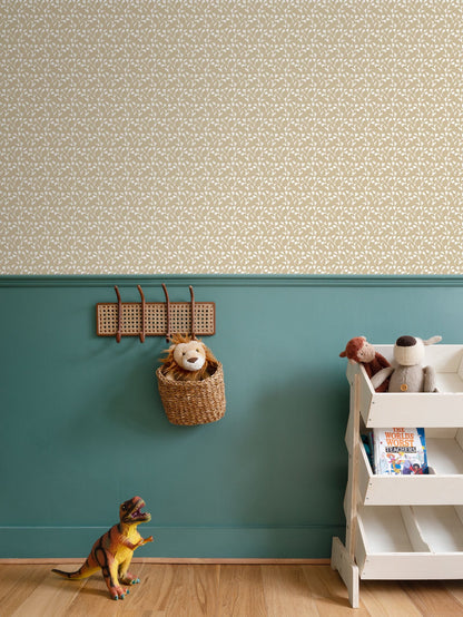 Genevieve Wallpaper (Linen) repeat pattern in beige with white leaf motifs by Erin Donahue Tice on Tampa Home & Garden Store