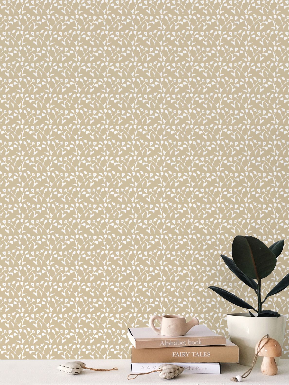 Genevieve Linen wallpaper in taupe with white abstract leaf motif by Erin Donahue Tice on Tampa Home & Garden Store