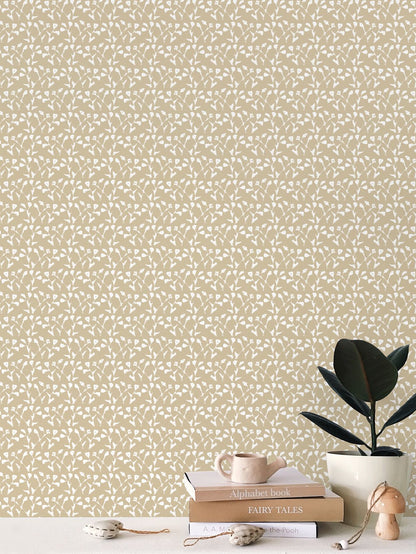 Genevieve Linen wallpaper in taupe with white abstract leaf motif by Erin Donahue Tice on Tampa Home & Garden Store