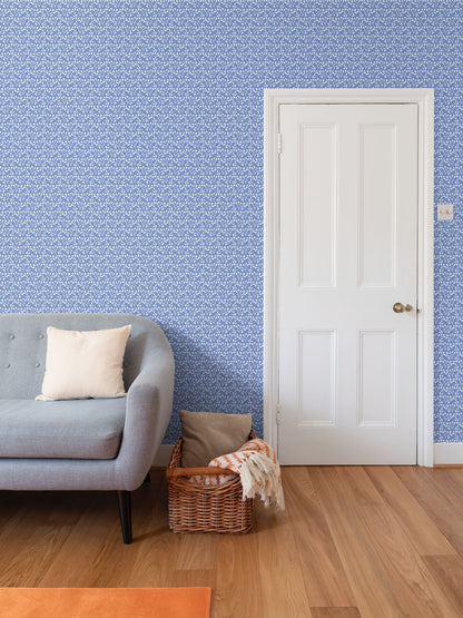 Genevieve Blue repeat-pattern wallpaper with tiny white leaf motif by Erin Donahue Tice on Tampa Home & Garden Store