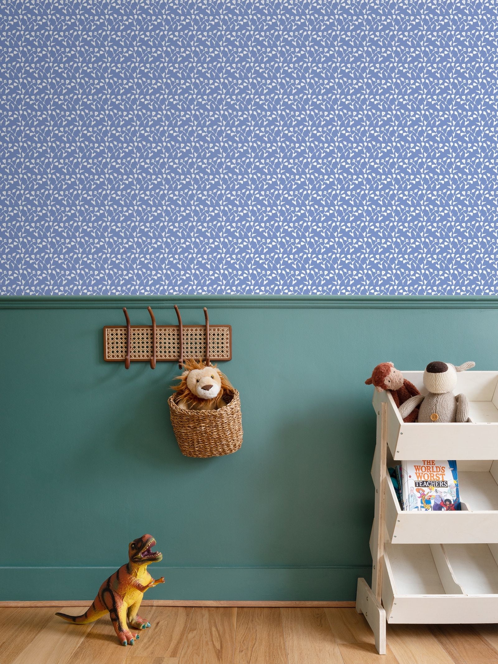 Genevieve Wallpaper Blue repeat pattern with white leaf motif by Erin Donahue Tice on Tampa Home & Garden Store