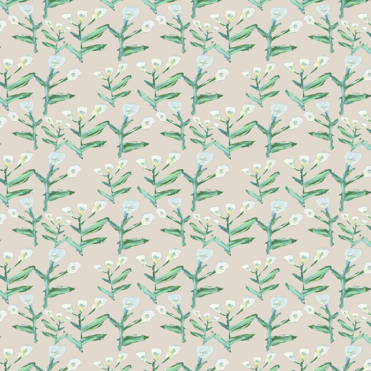 Sydney Wallpaper Cream repeat pattern with green stems and white blooms Erin Donahue Tice on Tampa Home & Garden Store