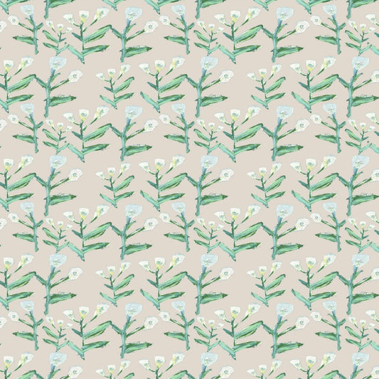 Sydney Wallpaper Cream repeat pattern with green stems and white blooms Erin Donahue Tice on Tampa Home & Garden Store