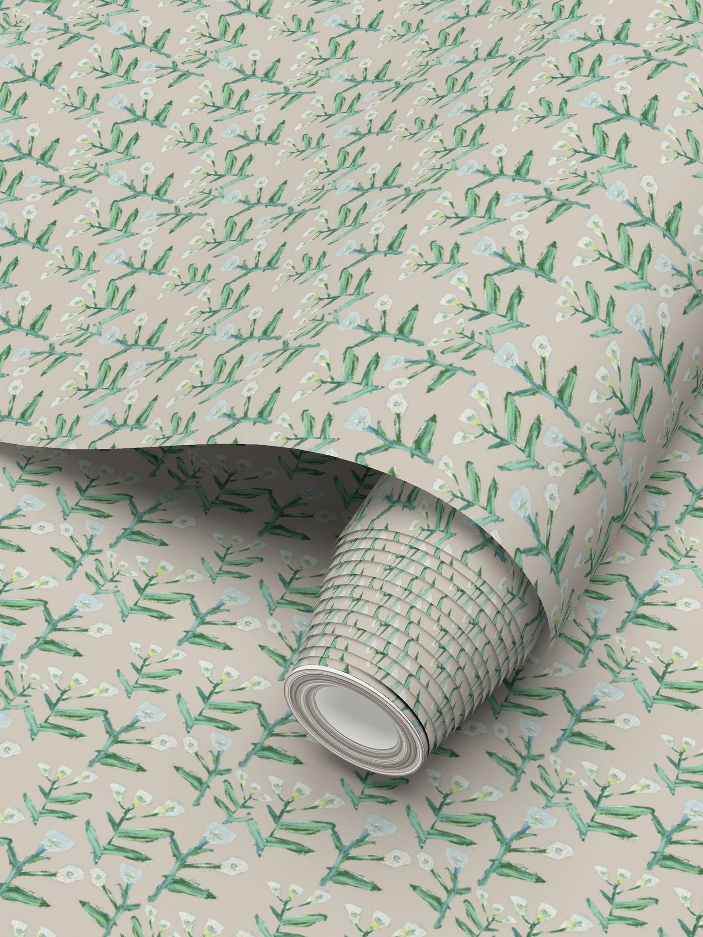 Sydney Wallpaper (Cream) repeat pattern with green stems on beige background roll on Tampa Home & Garden Store