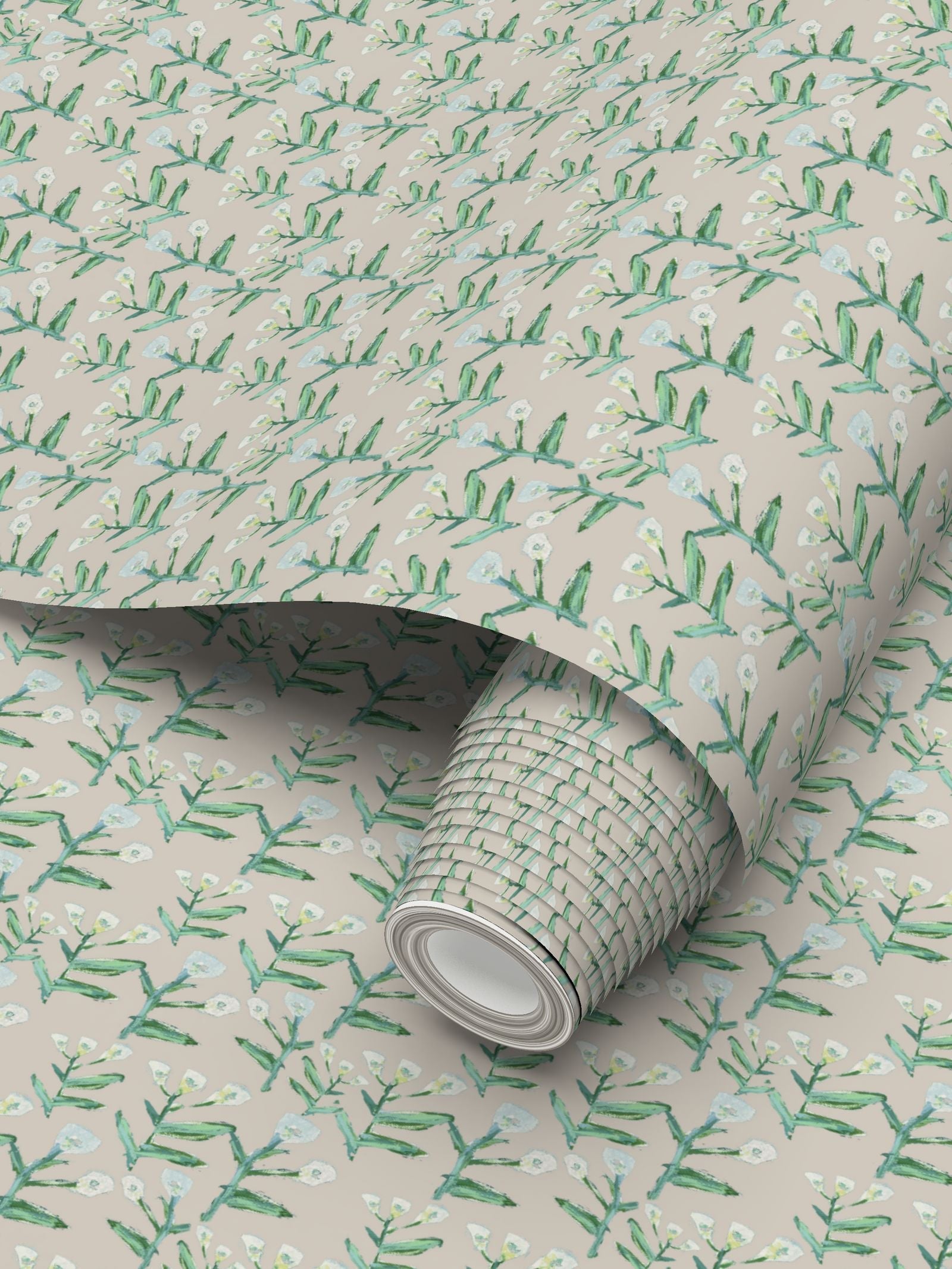 Sydney Wallpaper (Cream) repeat pattern with green stems on beige background roll on Tampa Home & Garden Store
