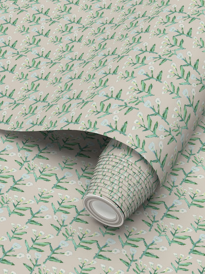Sydney Wallpaper (Cream) repeat pattern with green stems on beige background roll on Tampa Home & Garden Store