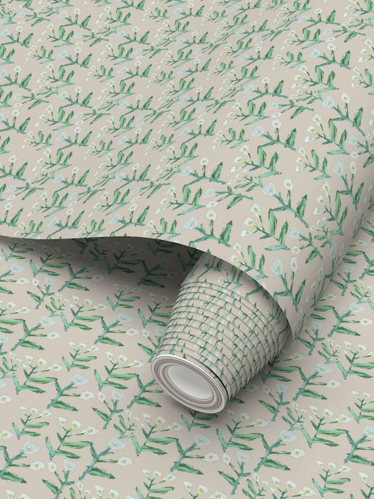 Sydney Wallpaper (Cream) repeat pattern with green stems on beige background roll on Tampa Home & Garden Store