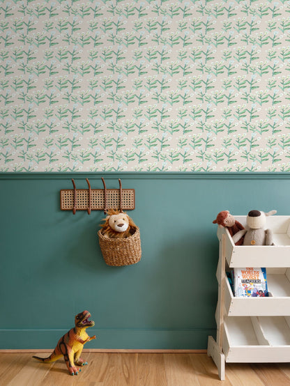 Sydney Wallpaper Cream repeat-pattern with green stems and white flowers by Erin Donahue Tice on Tampa Home & Garden Store