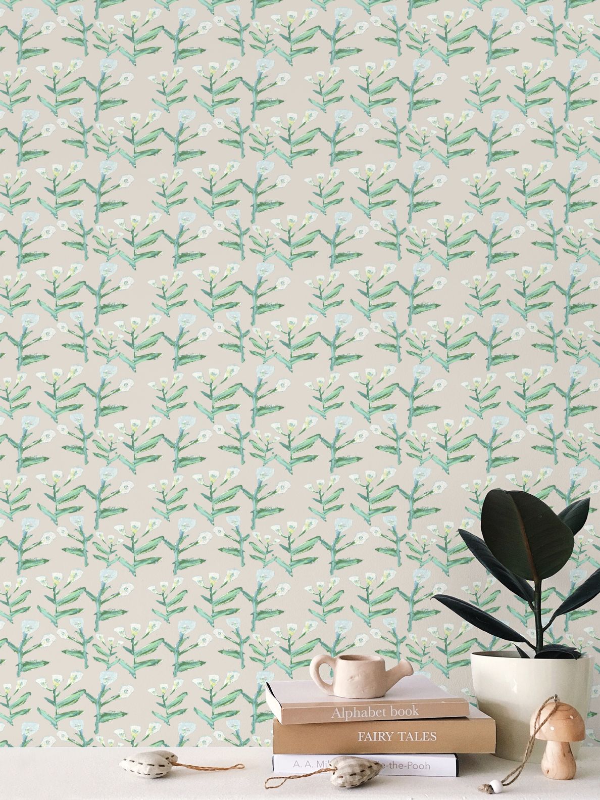 Sydney Wallpaper (Cream) repeating teal stems and white blossoms on beige Erin Donahue Tice on Tampa Home & Garden Store