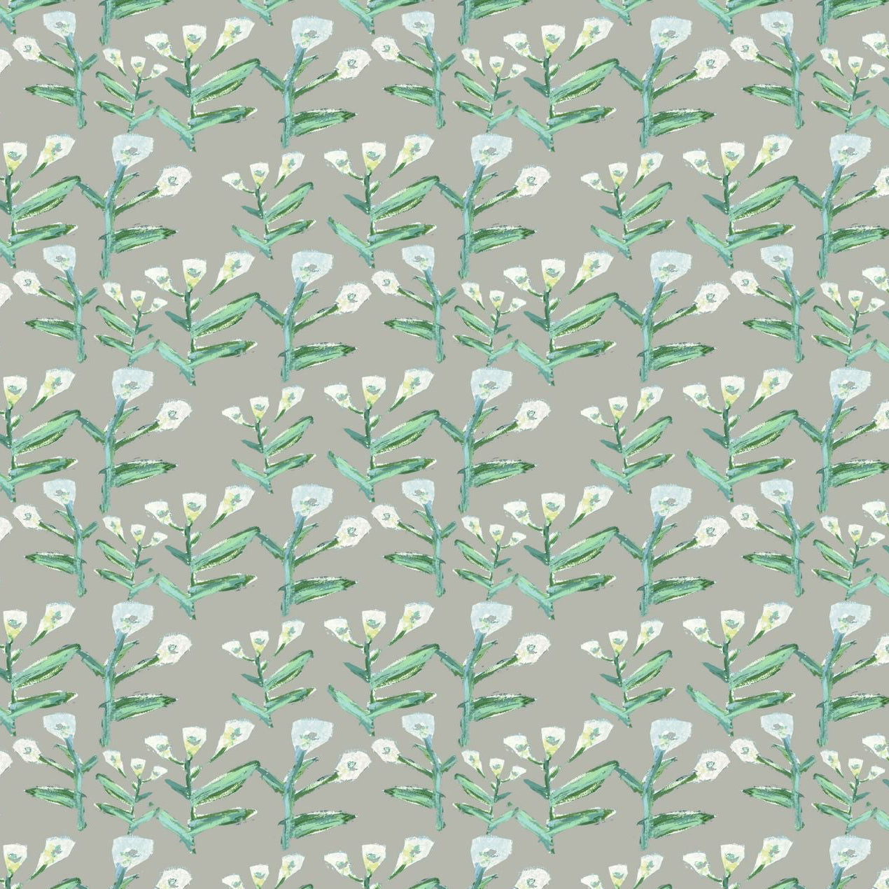 Sydney Wallpaper Moss by Erin Donahue Tice; watercolor green stems and white blossoms on taupe on Tampa Home & Garden Store